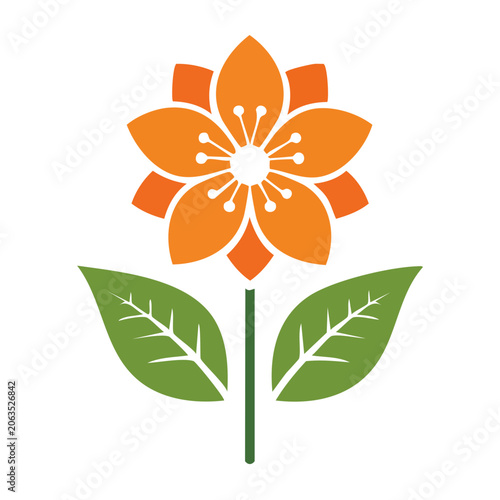 Orange flower icon with green leaves on transparent background