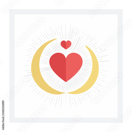 Red heart and crescent moon with radiant light illustration