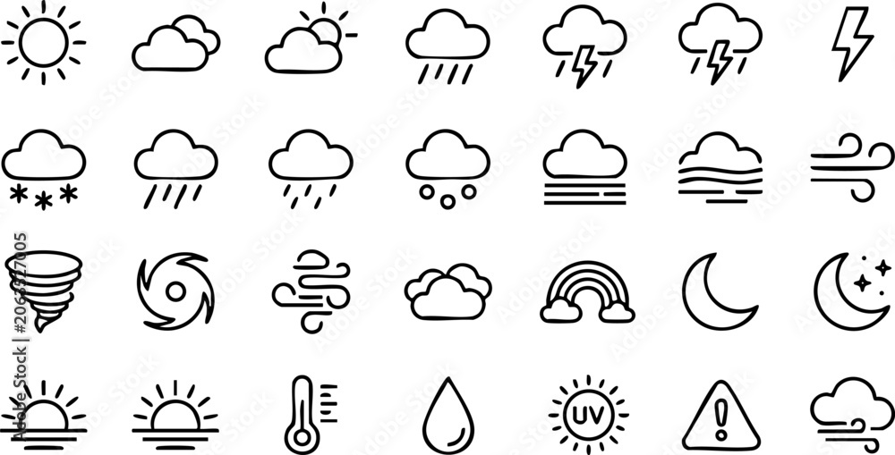 Naklejka premium Weather forecast icon set for meteorological reporting and digital apps with forecast meteorology temperature thermometer lightning hurricane environment