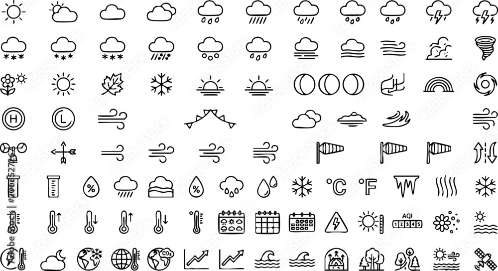 Naklejka premium Comprehensive weather forecast icon set for meteorological applications with meteorology forecast temperature fahrenheit calendar atmosphere illustration