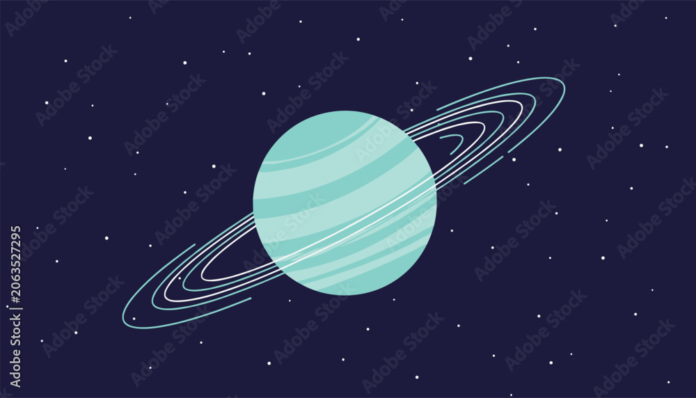 Naklejka premium Planetary illustration showcases a beautiful striped ringed planet floating in dark outer space filled with stars.