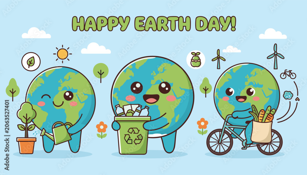 Fototapeta premium Bright Earth Day poster features three adorable cartoon planet Earth characters promoting green lifestyle habits.