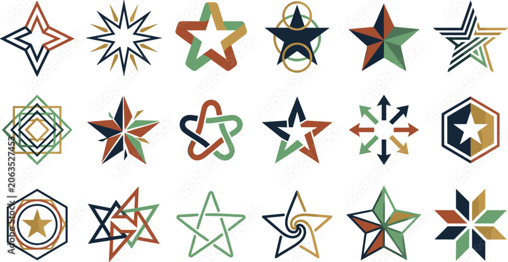 Obraz premium Abstract geometric star logo design elements collection featuring modern line stars interwoven ribbons arrows pointing outward hexagonal frames and mosaic patterns vector illustration.