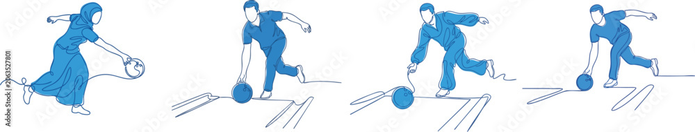 Naklejka premium A continuous line art drawing depicts a person in blue attire bowling, releasing a blue bowling ball, vector set isolated on white