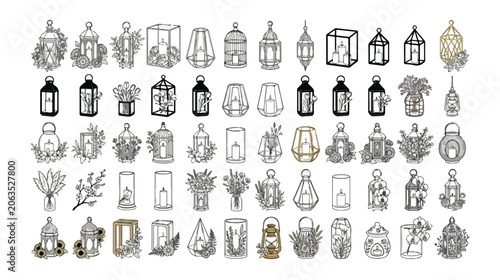 Elegant lantern vector collection, 60 hand-drawn decorative lanterns, vintage candle holders, and botanical illustrations for wedding invitations and home decor designs