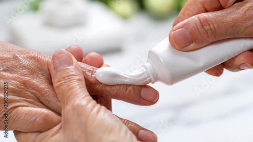 Senior woman applying moisturizing cream to wrinkled hands for skincare
