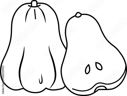Simple wax apple (Java apple) line art vector illustration featuring whole and cut fruit. Perfect for coloring books, educational materials, tropical fruit themes, and printable projects.