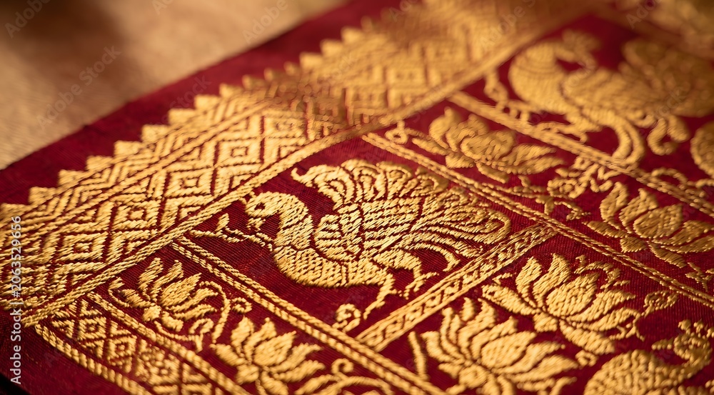 Fototapeta premium Macro photograph of Kanchipuram-style silk saree border showing intricate gold zari threadwork woven into the crimson silk base fabric. The temple-inspired geometric border pattern with peacock.