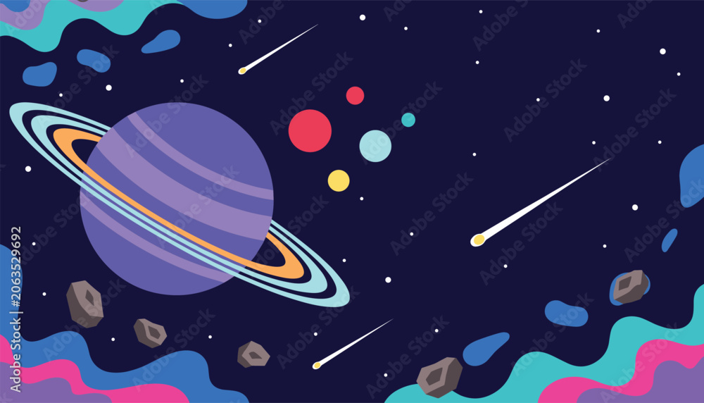 Naklejka premium Whimsical deep space galaxy showcases a large ringed purple planet, asteroids, glowing shooting stars, and nebulas.