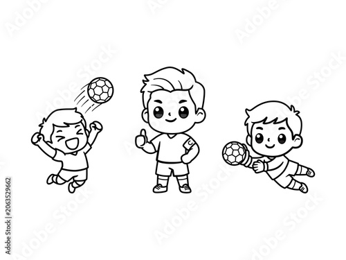 Kids Soccer Boy Coloring Page Set Line Art