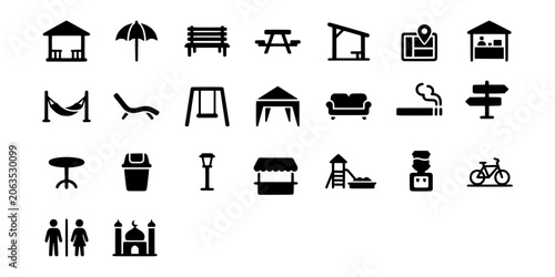 Fotografie Icon set collection of public park amenities, street furniture, recreational seating, signage, and leisure facilities for urban outdoor planning