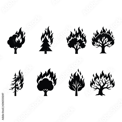 Forest Fire Burning Tree Wildfire editable vector solid illustration