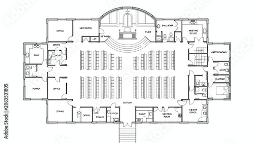 Architectural floor plan of a church building, detailed religious sanctuary blueprint vector, professional construction layout for a chapel
