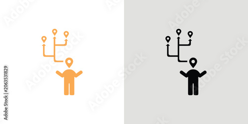 Two minimalist of businesspeople climbing ladders, one in orange, one in black business people corporate