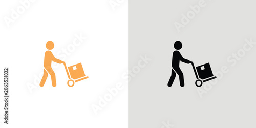 Woman carrying cardboard box, man pushing trolley with suitcase, flat
