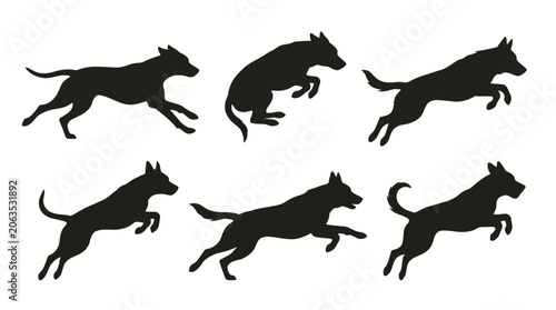 Tableau sur toile Dog running and jumping silhouettes in motion for playful and active concepts