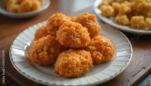 realistic photo of crispy fried chicken pieces on a plate, golden crunchy coating texture, warm natural lighting, wooden table background, delicious food presentation, ultra realistic food photography