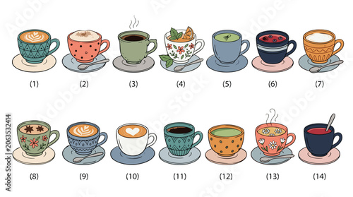 Schilderij op canvas A collection of fourteen decorative coffee and tea cups with different flavors a