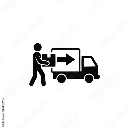 Black and white of a person pushing a cart with a box on it
