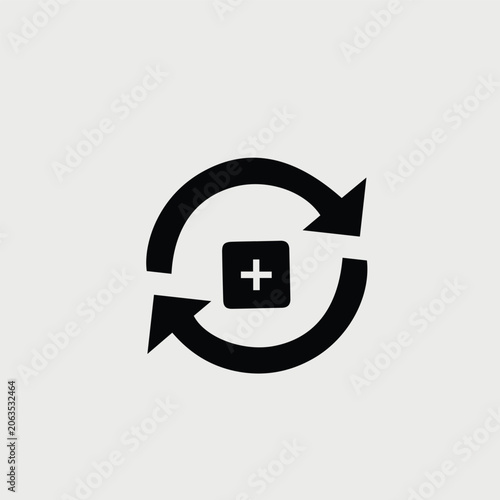Black and white of a recycling symbol with a plus sign inside sustainability eco-friendly symbol