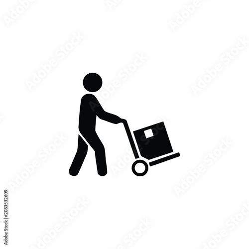 Black silhouette of a person pushing a large shopping cart minimalist