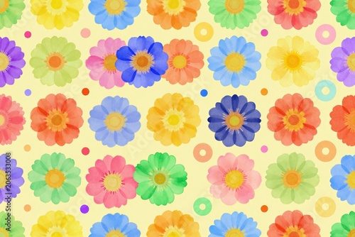 A bunch of colorful flowers on a yellow background