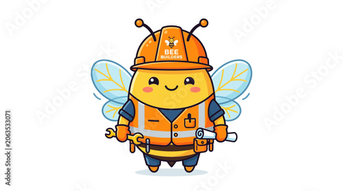 Cute bee builder with tools, hard hat, and blueprint
