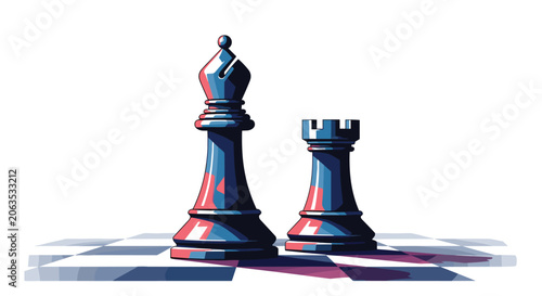 Canvastavla Two large chess pieces including a bishop and a rook are shown on a checkered board with dramatic lighting