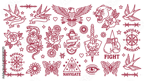 Cuadro en lienzo Traditional vintage tattoo flash sheet with symbols and floral elements line art design