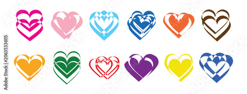 Colorful of hearts, ribbons, bows, and badges in a row heart pink hearts blue ribbons green bows