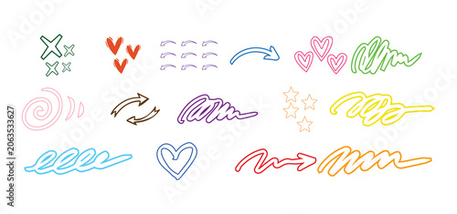 Colorful abstract doodles of hearts, stars, arrows, clouds, and flowers in pastel and bright hues