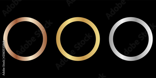 Gold, silver and bronze metal circle frames 3d vector realistic illustration. First, second and third place medals or buttons isolated on white background. Certified. Quality blank, empty badge set.