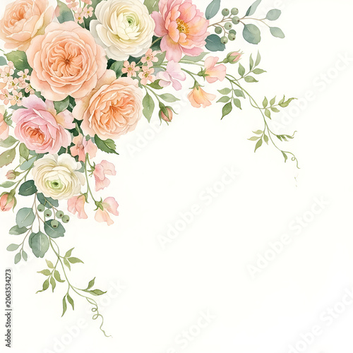 Elegant peach and white rose watercolor floral corner, by generative AI technology