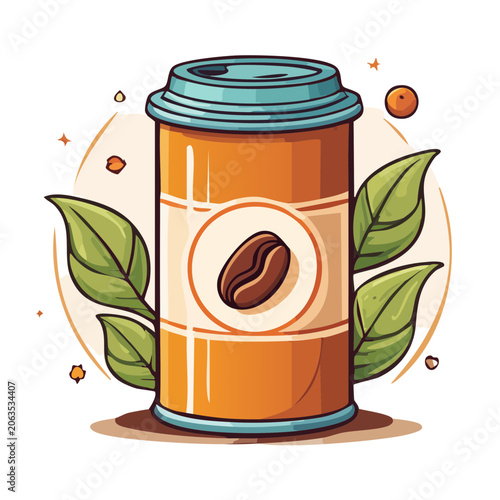 Flat design illustration of a coffee cup with leaves