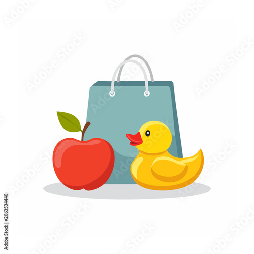 Flat illustration of shopping bag with rubber duck and apple