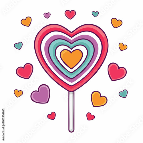 Heart Shaped Lollipop with Colorful Rings and Floating Hearts