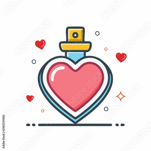 Heart-shaped perfume bottle with hearts and sparkles
