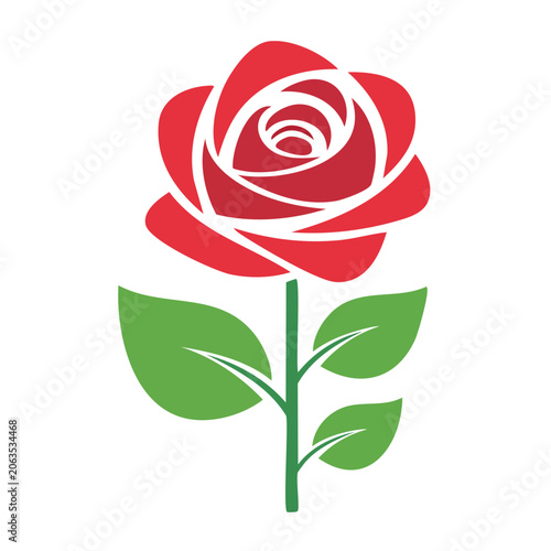 Red rose icon with green leaves on transparent background