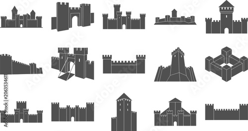 Fotografía Ancient castle and fortress wall silhouettes standing isolated on white