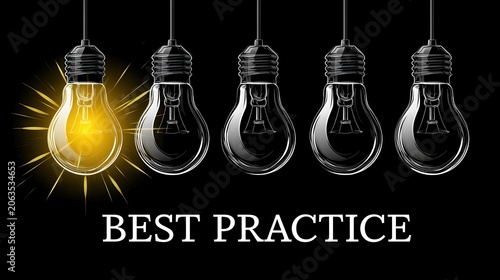 Best practice concept with glowing light bulb in a row