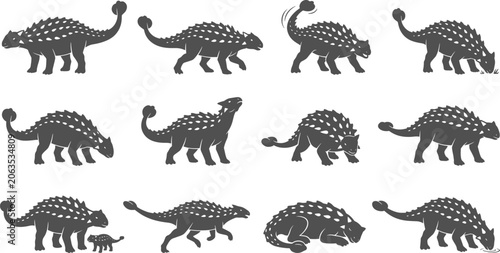 Tableau sur toile Ankylosaurus dinosaur silhouettes depicting walking tail swinging and grazing be