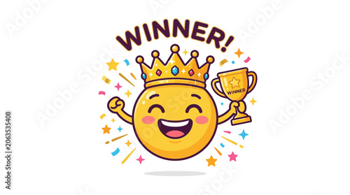Happy Emoji Winner with Crown and Trophy, Confetti Celebration
