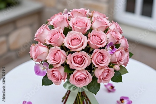 A bouquet of pink roses sitting on top of a table