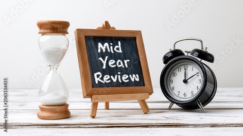 Mid-year review concept with hourglass, chalkboard, and alarm clock isolated on white background