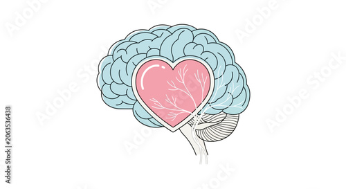 Stylized brain with pink heart on transparent background