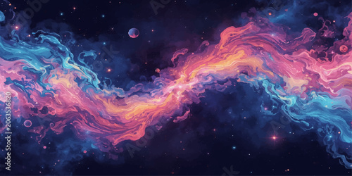 Schilderij op canvas Abstract Fiery Nebula Galaxy in Deep Space with Glowing Stars Cosmic Smoke Cloud