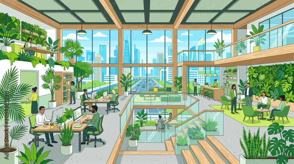 Fototapeta premium This flat design illustration showcases a modern office integrating biophilic elements like lush indoor plants, all set against a stunning city backdrop visible through large windows.