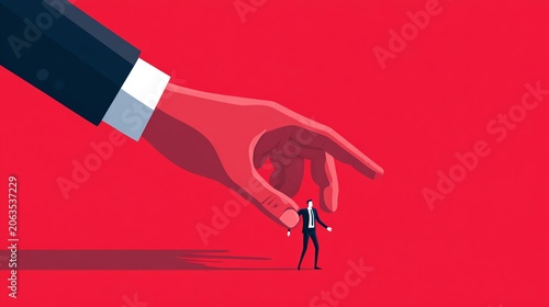 A large hand controlling a small businessman.