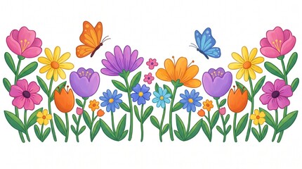 A vibrant illustration of a spring flower border featuring various colorful flowers, green leaves, and two butterflies, isolated on a white background.