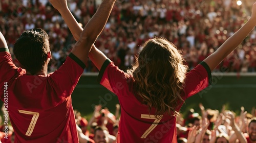 Fans in soccer match with arms raised
